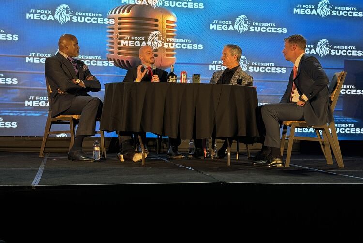 Jeff on stage in LA with Bruce Buffer (UFC) and Cutino Mobley (NBA player)